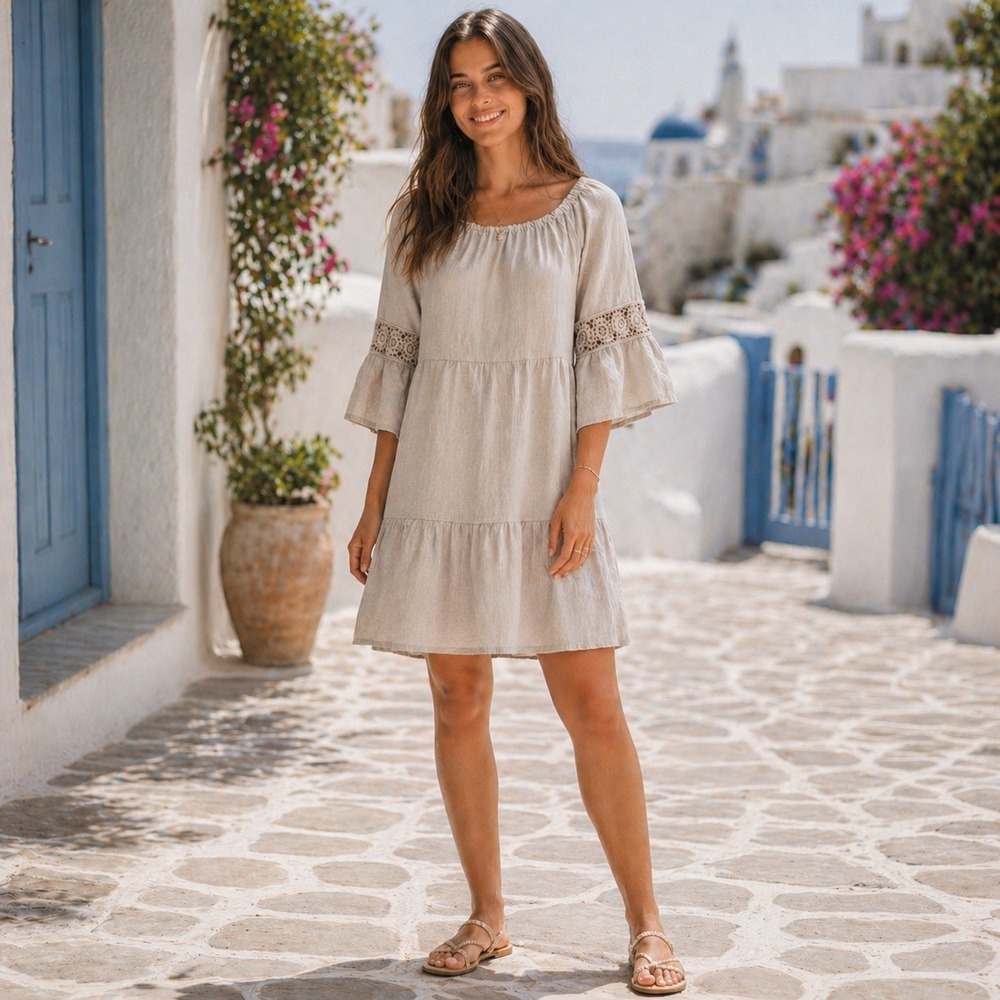100% Linen Dress Beige Crochet Lace Sleeve Tiered Boho Peasant Tunic Lagenlook L